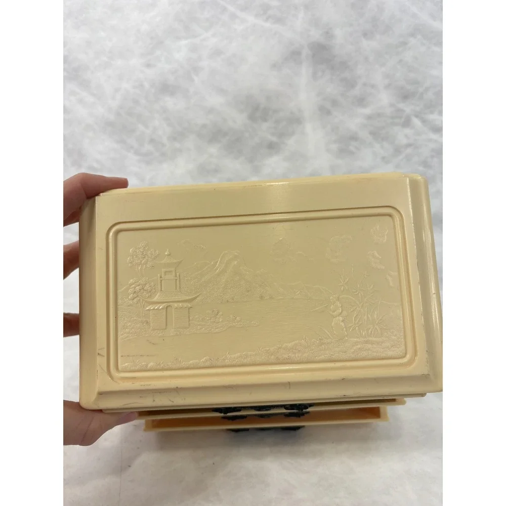 Vintage Chinoiserie Plastic Jewelry Box 3 Drawer Mini Chest Pagoda Cream‎ Black